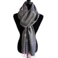 Fair trade handwoven gray scarf with white feather patterns and pink fringes