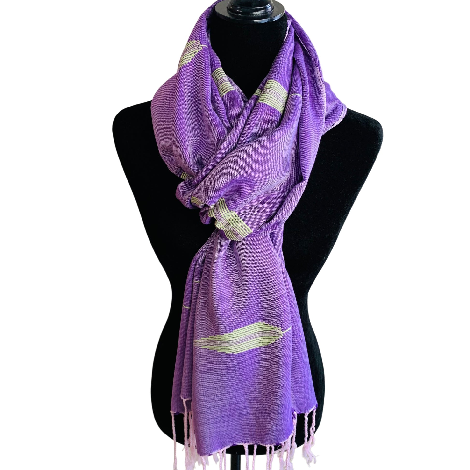 Fair Trade Handwoven Bamboo Viscose Scarf - Feathers Lilac & Green, Ethically Handmade