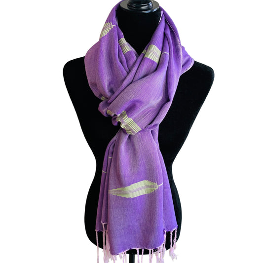 Fair Trade Handwoven Bamboo Viscose Scarf - Feathers Lilac & Green, Ethically Handmade