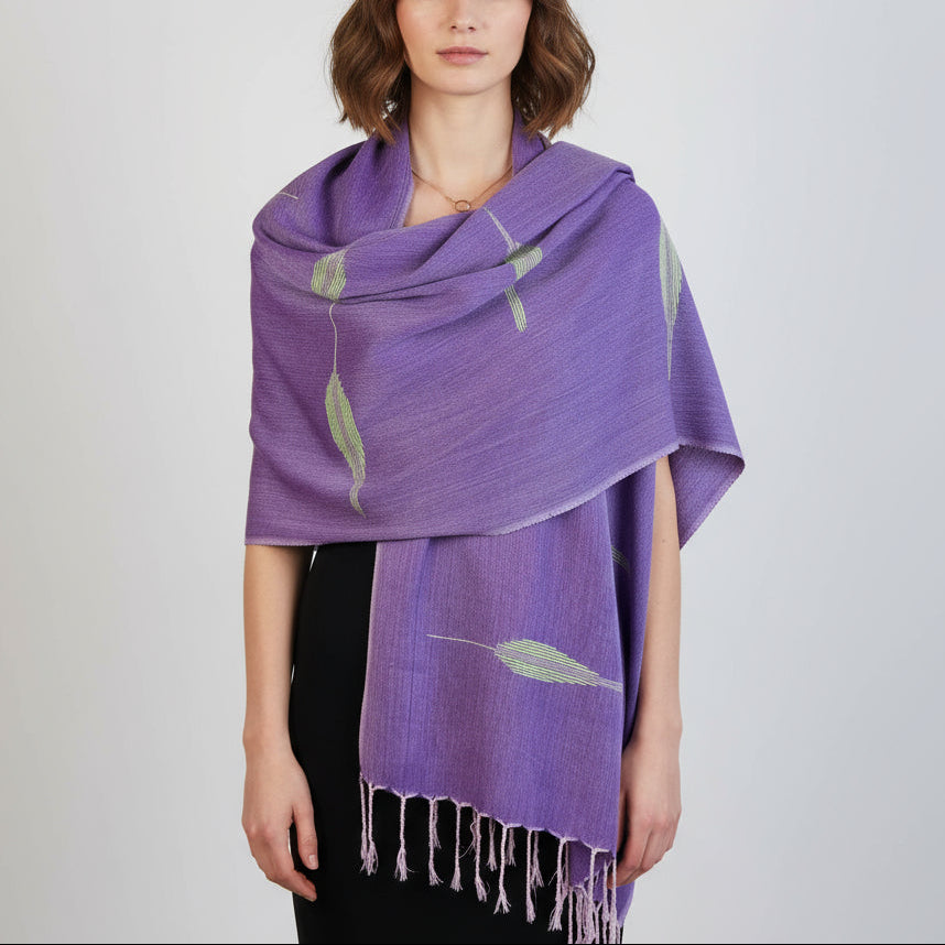 Fair Trade Handwoven Bamboo Viscose Scarf - Feathers Lilac & Green, Ethically Handmade