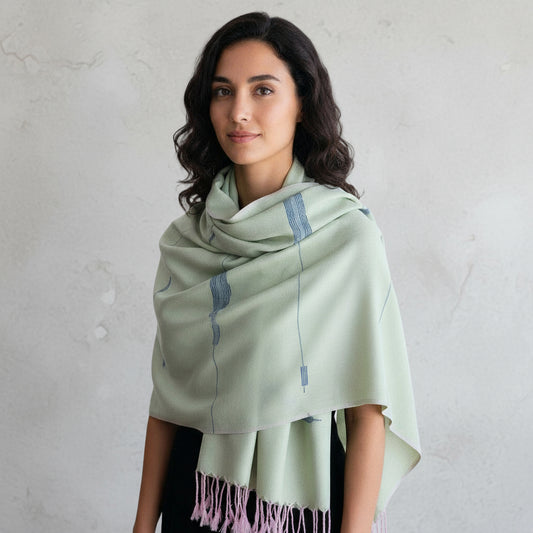 Handwoven Bamboo Viscose Scarf - Feathers Pistachio & Blue