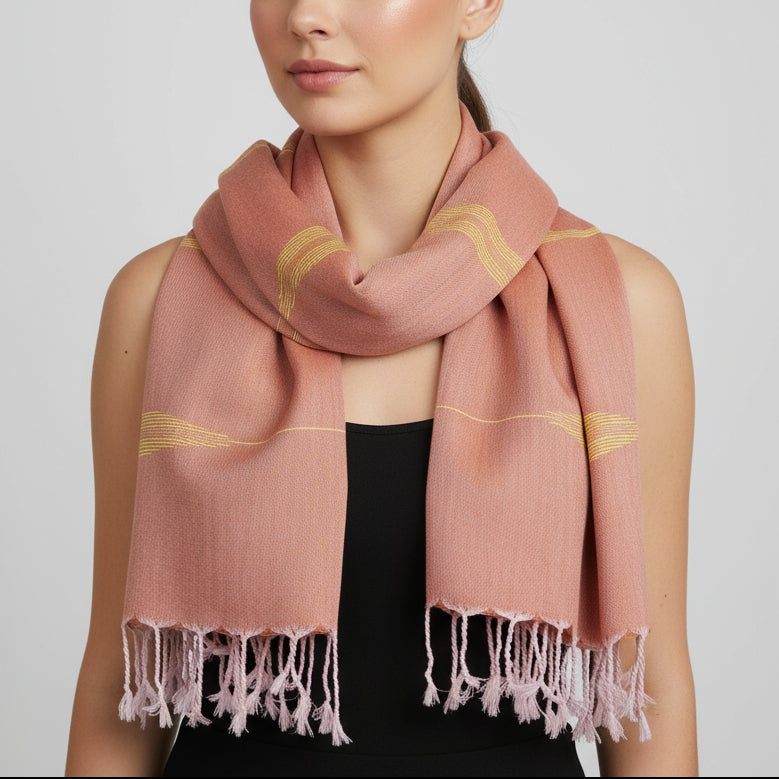 Fair Trade, Ethically Made, Handwoven Bamboo Viscose Scarf - Feathers Rosewood & Yellow