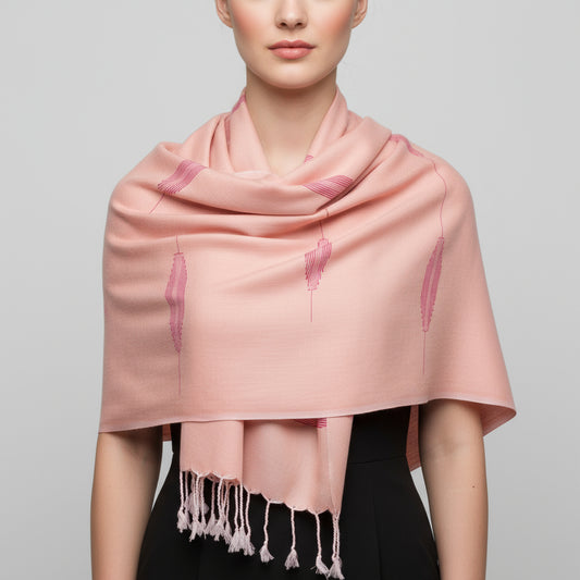 Fair Trade Handwoven Bamboo Viscose Scarf - Salmon & Fuchsia with Feather Geometric Design, Ethically Handmade 
