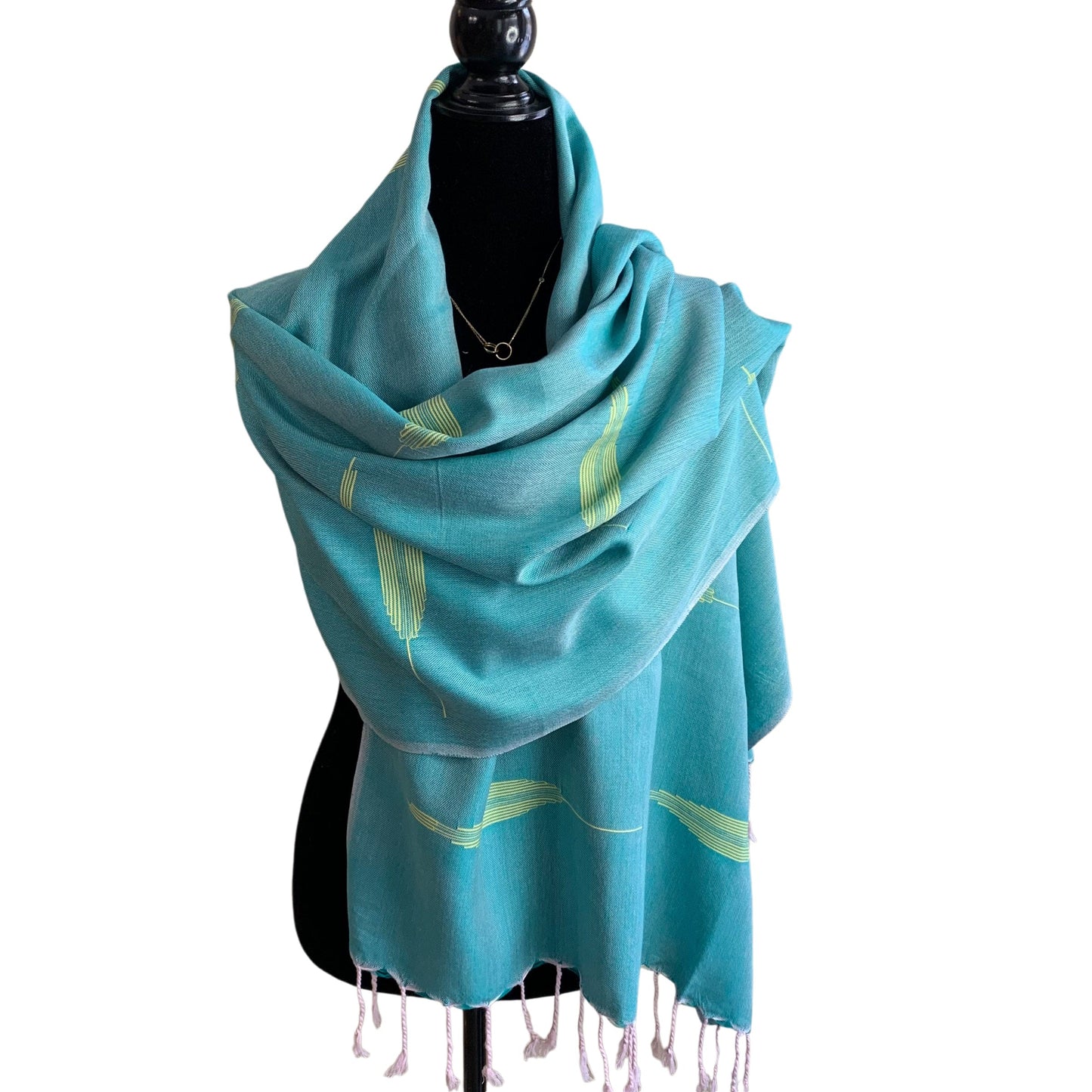 Fair Trade Handwoven Bamboo Viscose Scarf - Turquoise & Yellow with Feather Geometric Design, Ethically Handmade