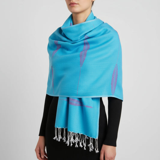 Fair Trade Handwoven Bamboo Viscose Scarf - Feathers Turquoise & Fuchsia, Ethically Handmade