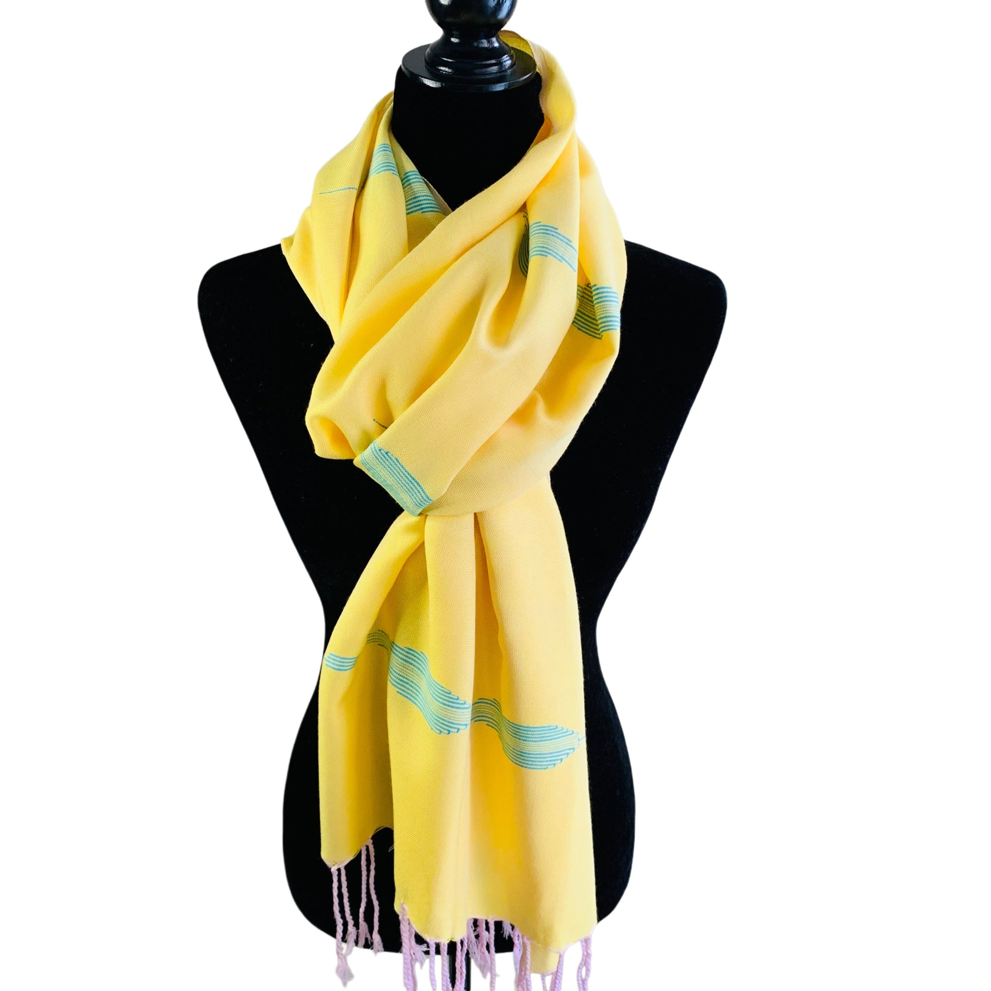 Fair Trade Handwoven Bamboo Viscose Scarf - Feathers Yellow & Turquoise, Ethically Handmade