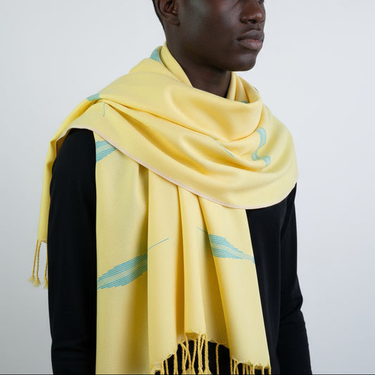 Fair Trade Handwoven Bamboo Viscose Scarf - Feathers Yellow & Turquoise, Ethically Handmade