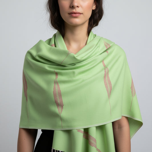 Fair Trade Handwoven Bamboo Viscose Scarf - Lime & Fuchsia with Feather Geometric Design, Ethically Handmade