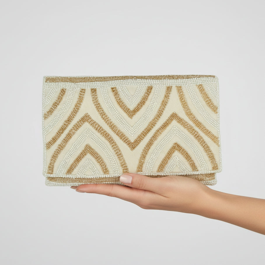 Fair Trade Gold Arches Hand-beaded Flap Clutch, Women Artisans, Sustainable Fashion, Ethically Handmade, Bride, Wedding