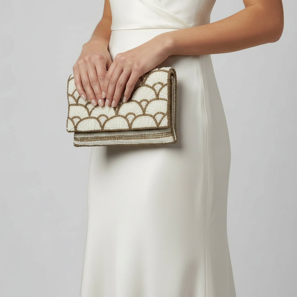 Fair Trade Gold & Off-white Papyrus Hand-beaded Flap Clutch, Sustainable Fashion, Ethically Handmade