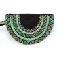Half moon hand-beaded wristlet clutch with geometric patterns in black & teal