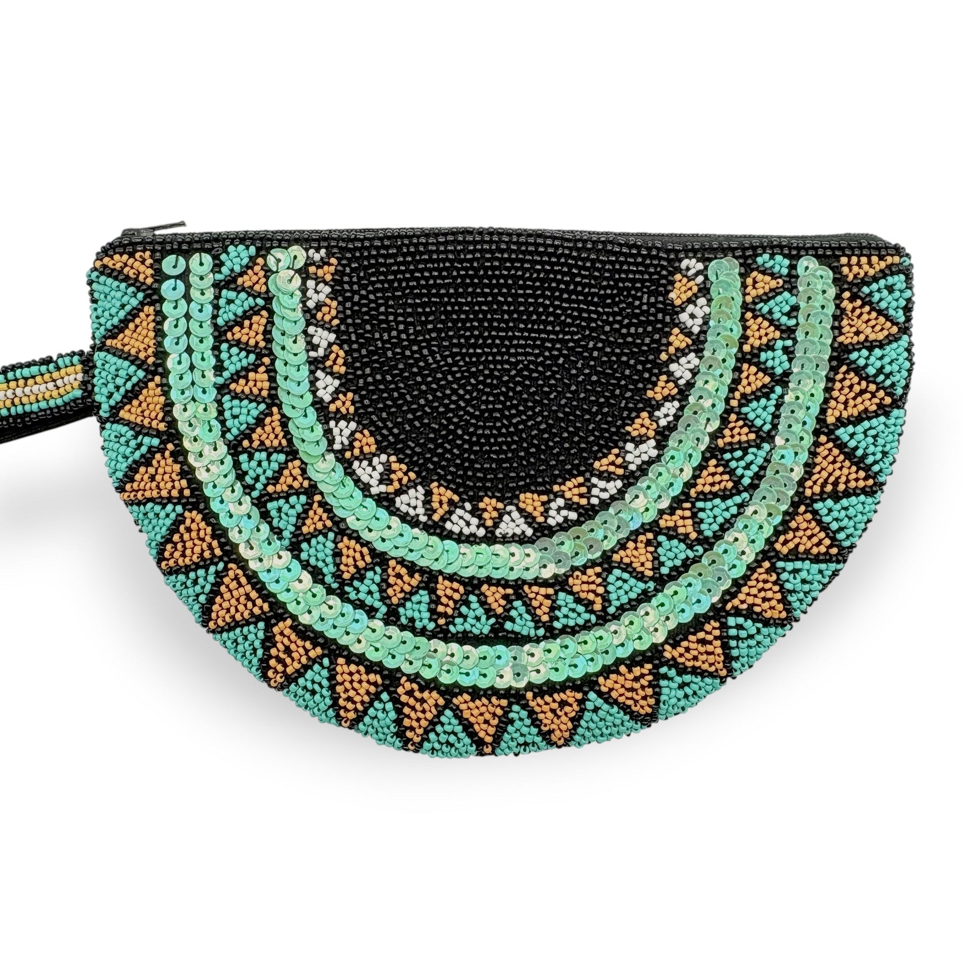 Half moon hand-beaded wristlet clutch with geometric patterns in black & teal