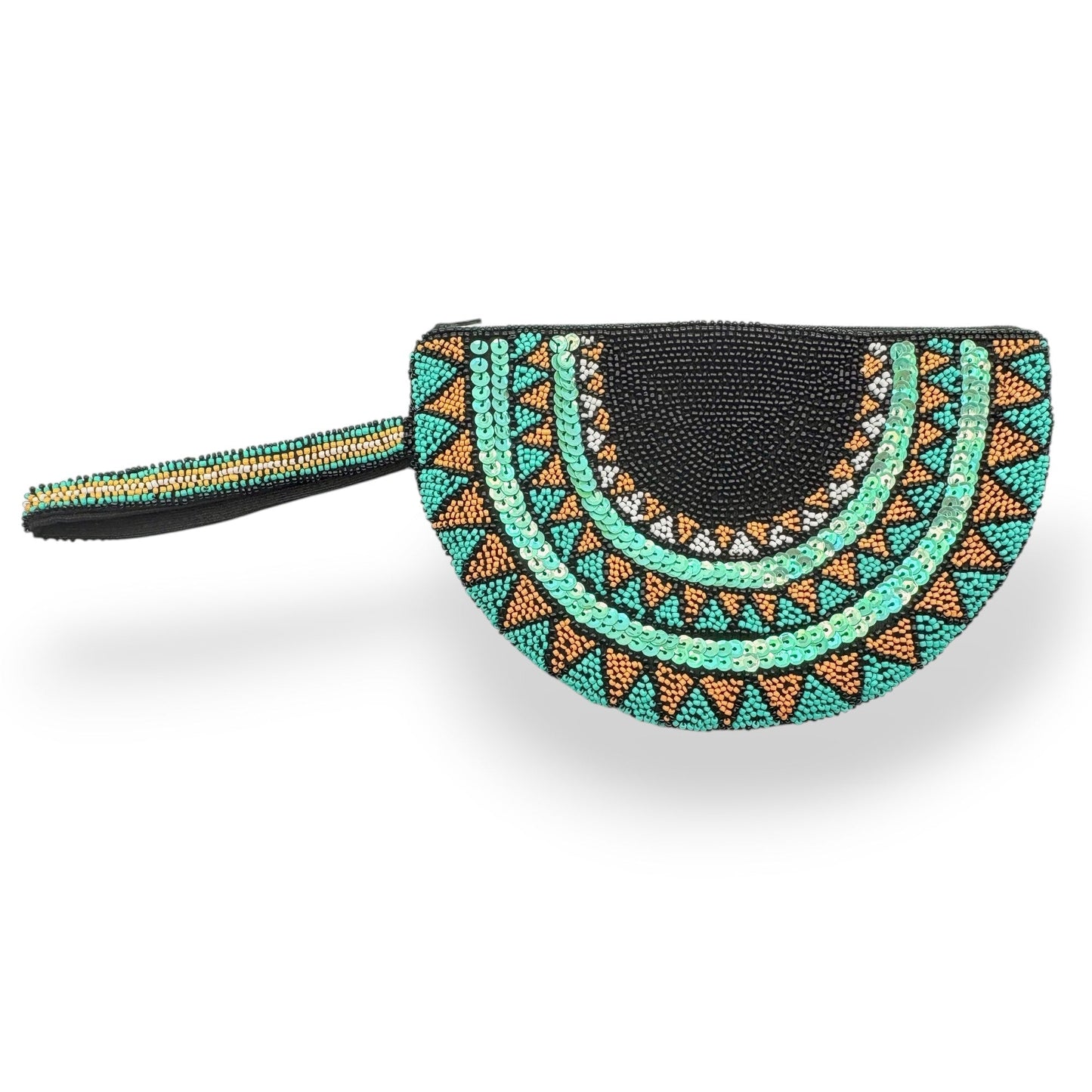 Fair Trade Half moon hand-beaded wristlet clutch with geometric patterns in black & teal, Sustainable Fashion