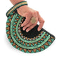 Half moon hand-beaded wristlet clutch with geometric patterns in black & teal