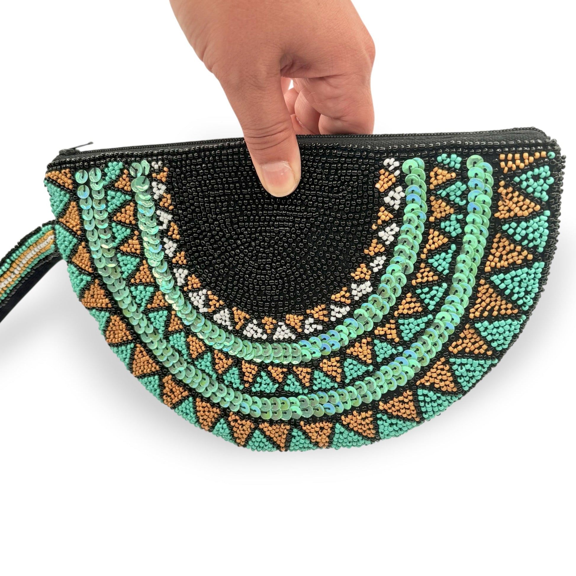 Half moon hand-beaded wristlet clutch with geometric patterns in black & teal
