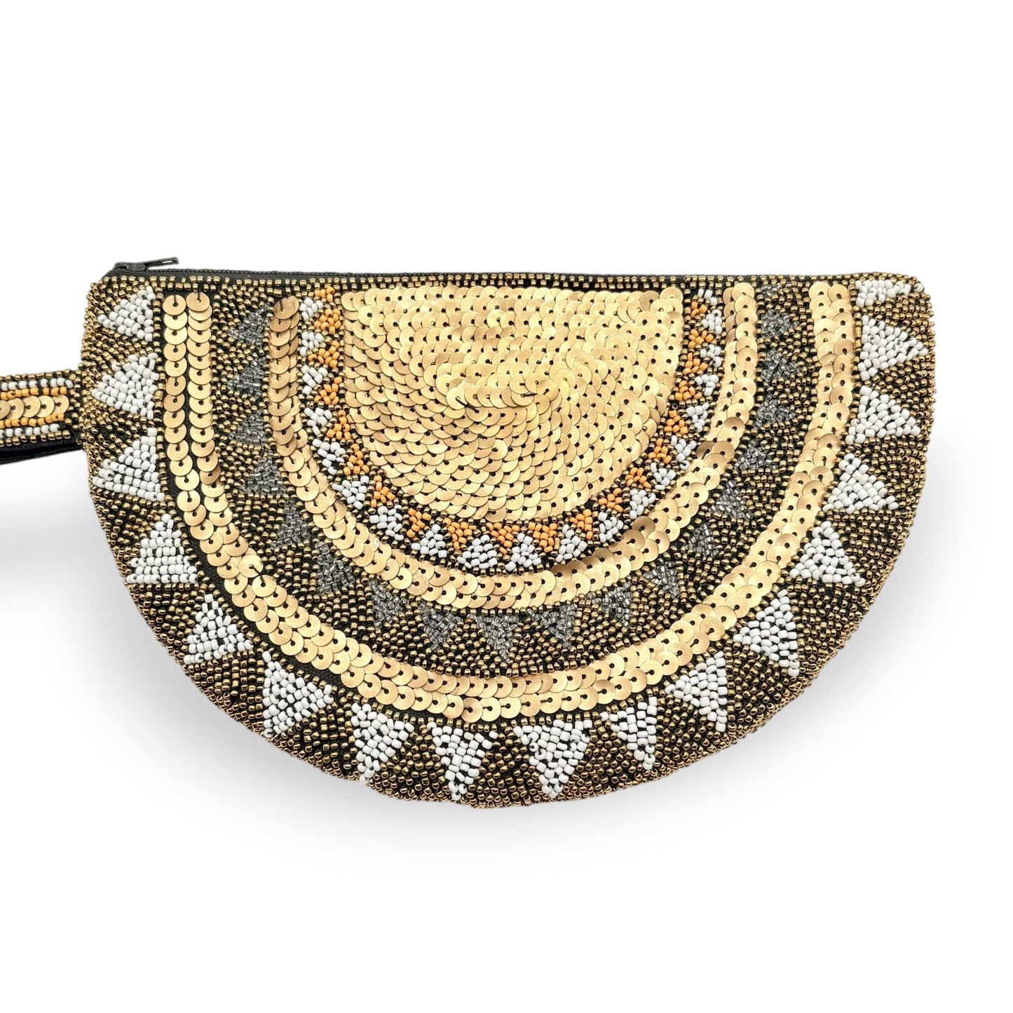 Half moon hand-beaded wristlet clutch in bronze & gold with intricate geometric patterns