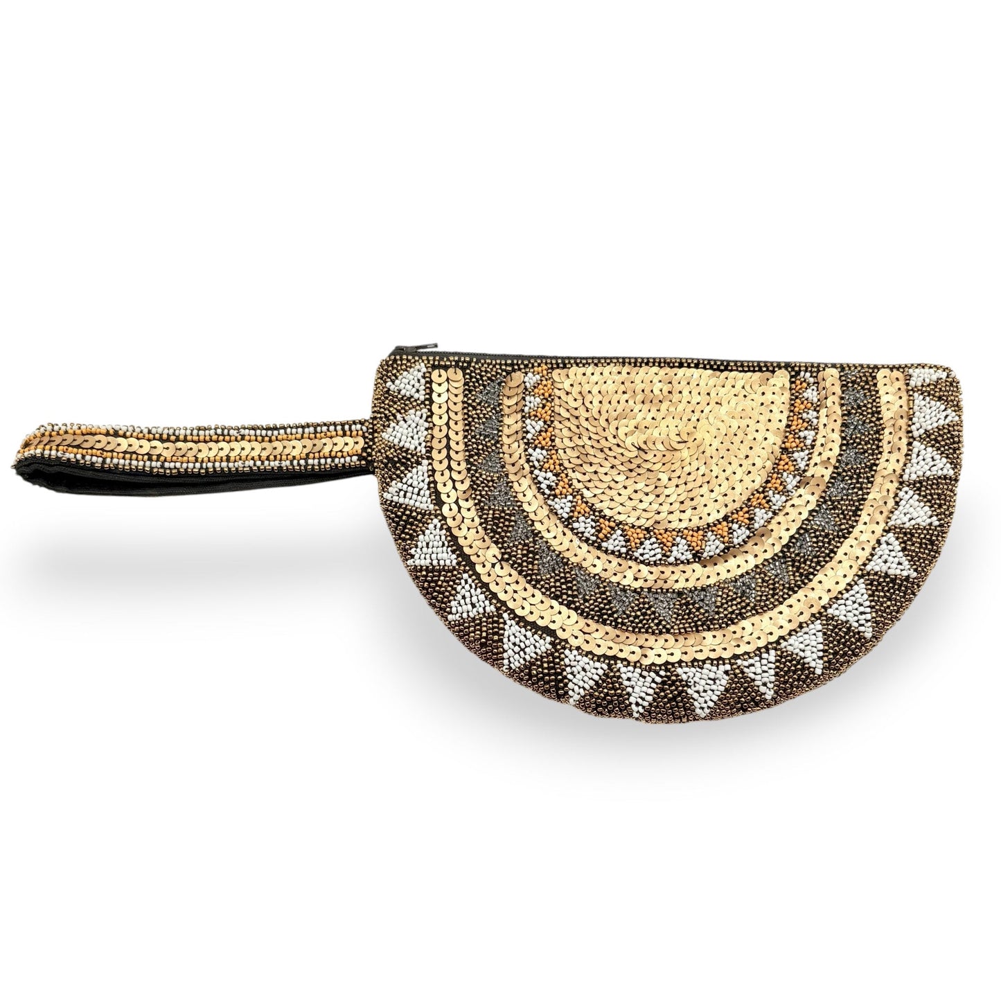 Fair Trade Half moon hand-beaded wristlet clutch in bronze & gold with intricate geometric patterns, Women Artisans, Sustainable Fashion