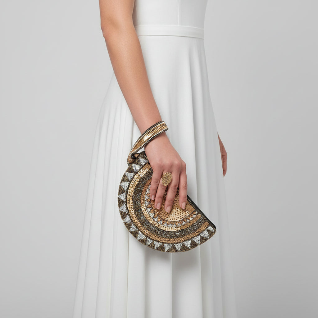 Half moon hand-beaded wristlet clutch in bronze & gold with intricate geometric patterns