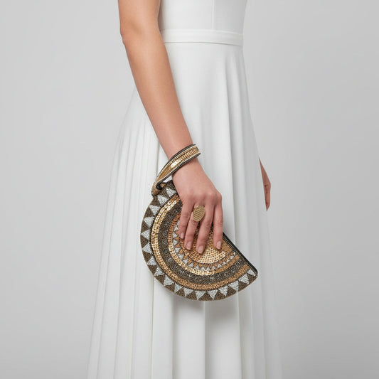 Half moon hand-beaded wristlet clutch in bronze & gold with intricate geometric patterns