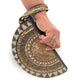 Fair Trade Half moon hand-beaded wristlet clutch in bronze & gold with intricate geometric patterns, Women Artisans, Sustainable Fashion