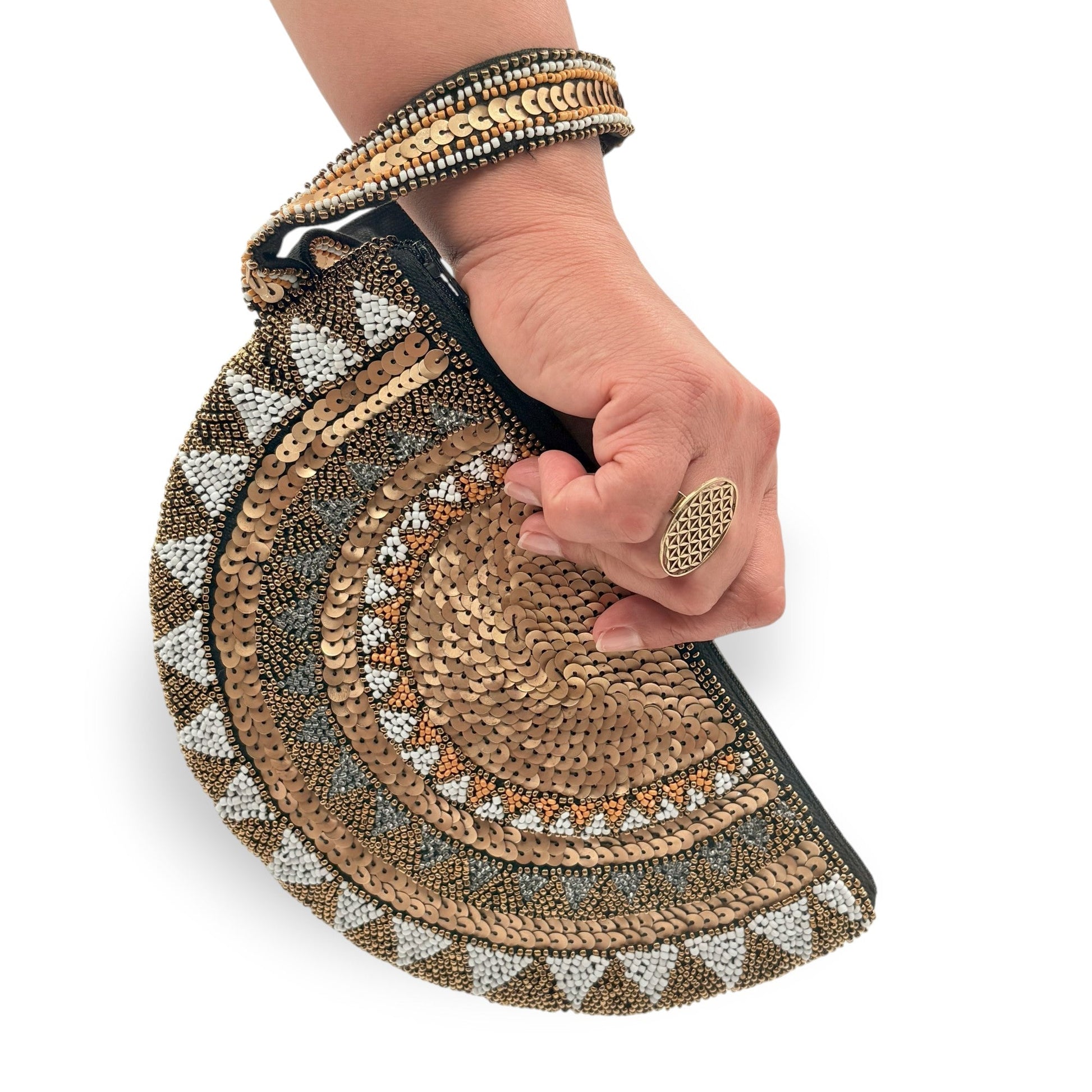 Fair Trade Half moon hand-beaded wristlet clutch in bronze & gold with intricate geometric patterns, Women Artisans, Sustainable Fashion