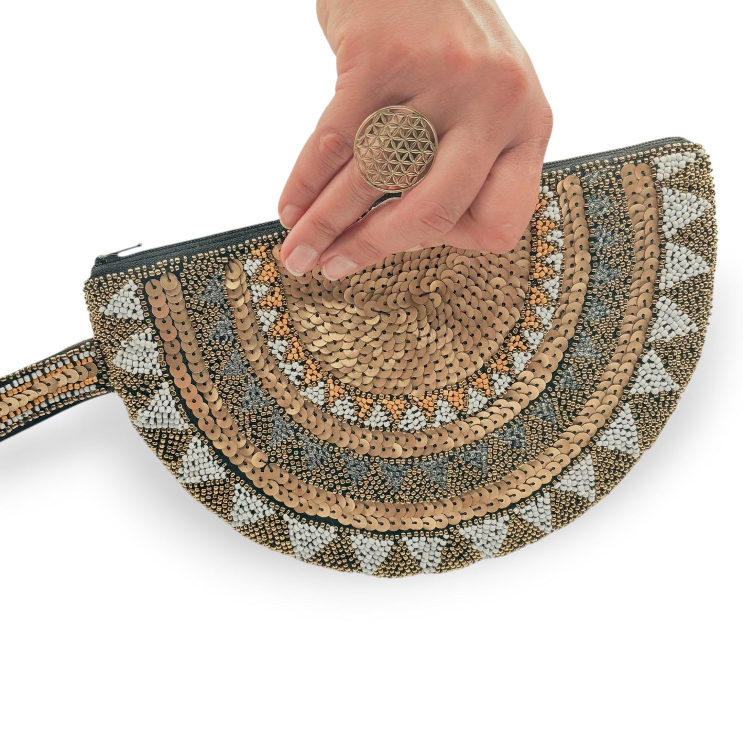 Half Moon Hand-beaded Wristlet - Bronze & Gold