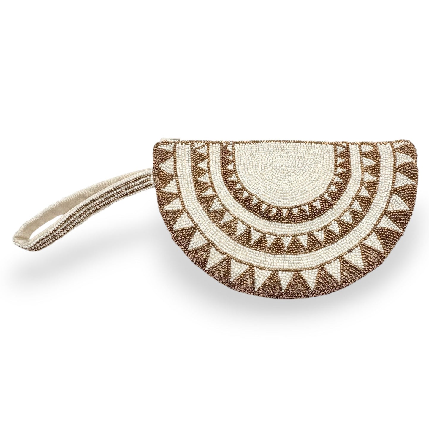Half Moon hand-beaded wristlet clutch with geometric pattern in white & gold