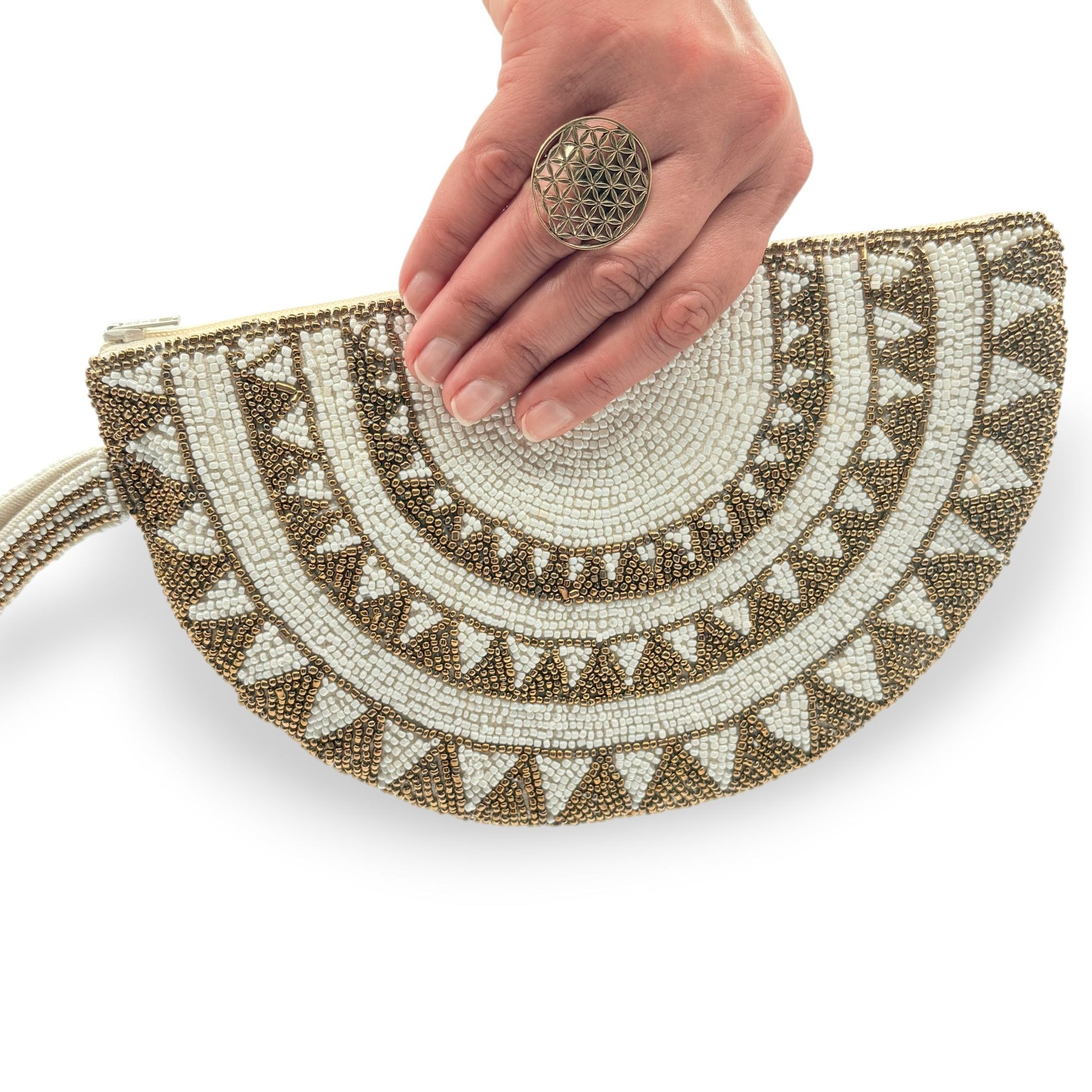 Half Moon hand-beaded wristlet clutch with geometric pattern in white & gold
