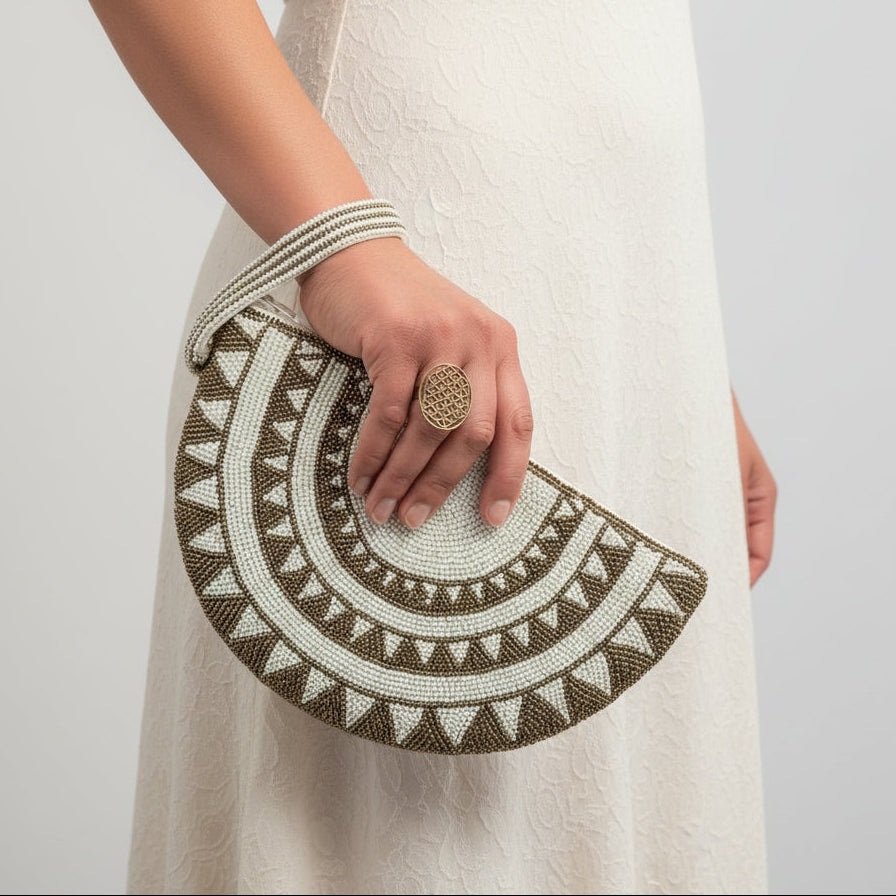 Fair Trade Half Moon Hand-beaded Wristlet - White & Gold, Women Artisans, Sustainable Fashion