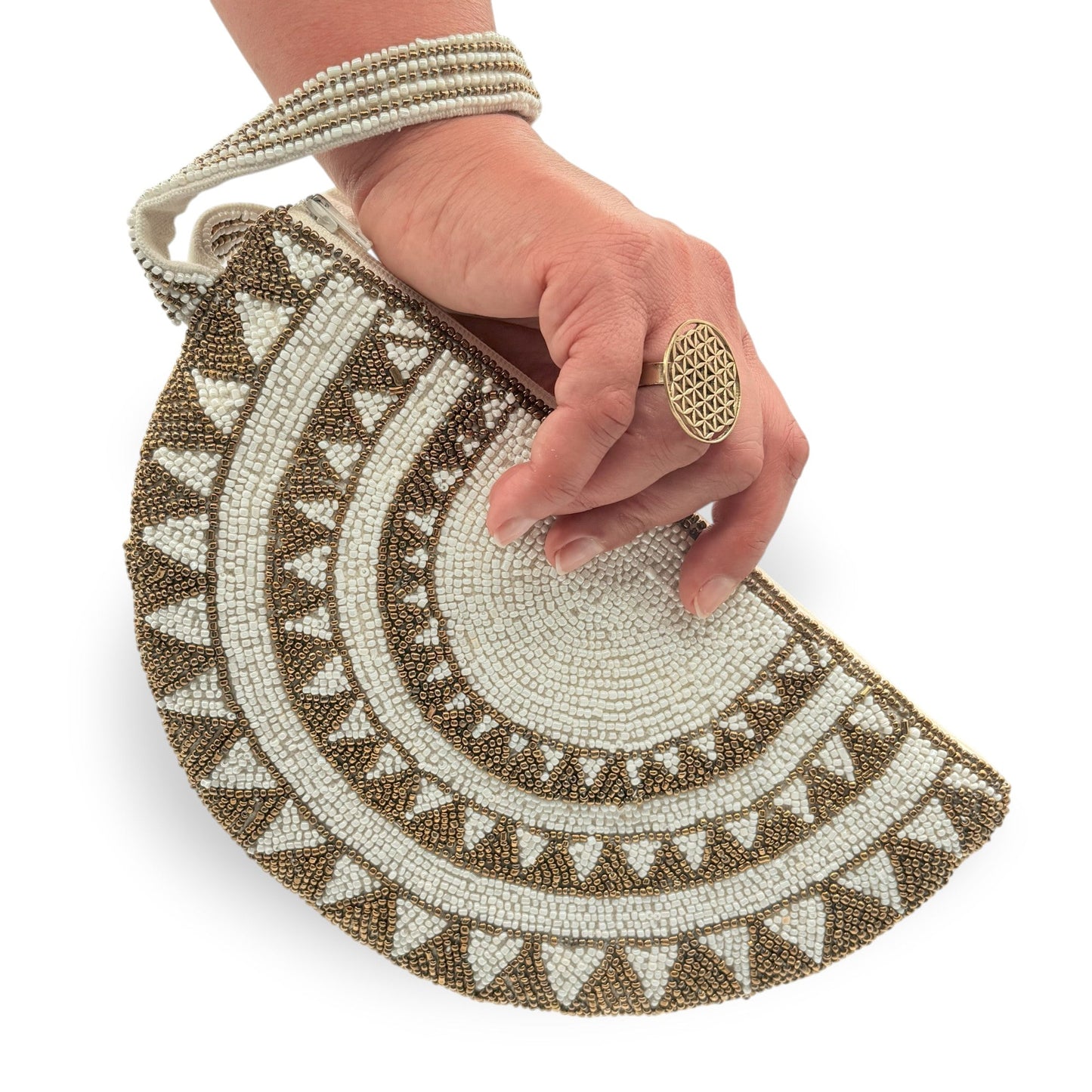 Fair Trade Half Moon Hand-beaded Wristlet - White & Gold, Women Artisans, Sustainable Fashion, Ethically Handmade