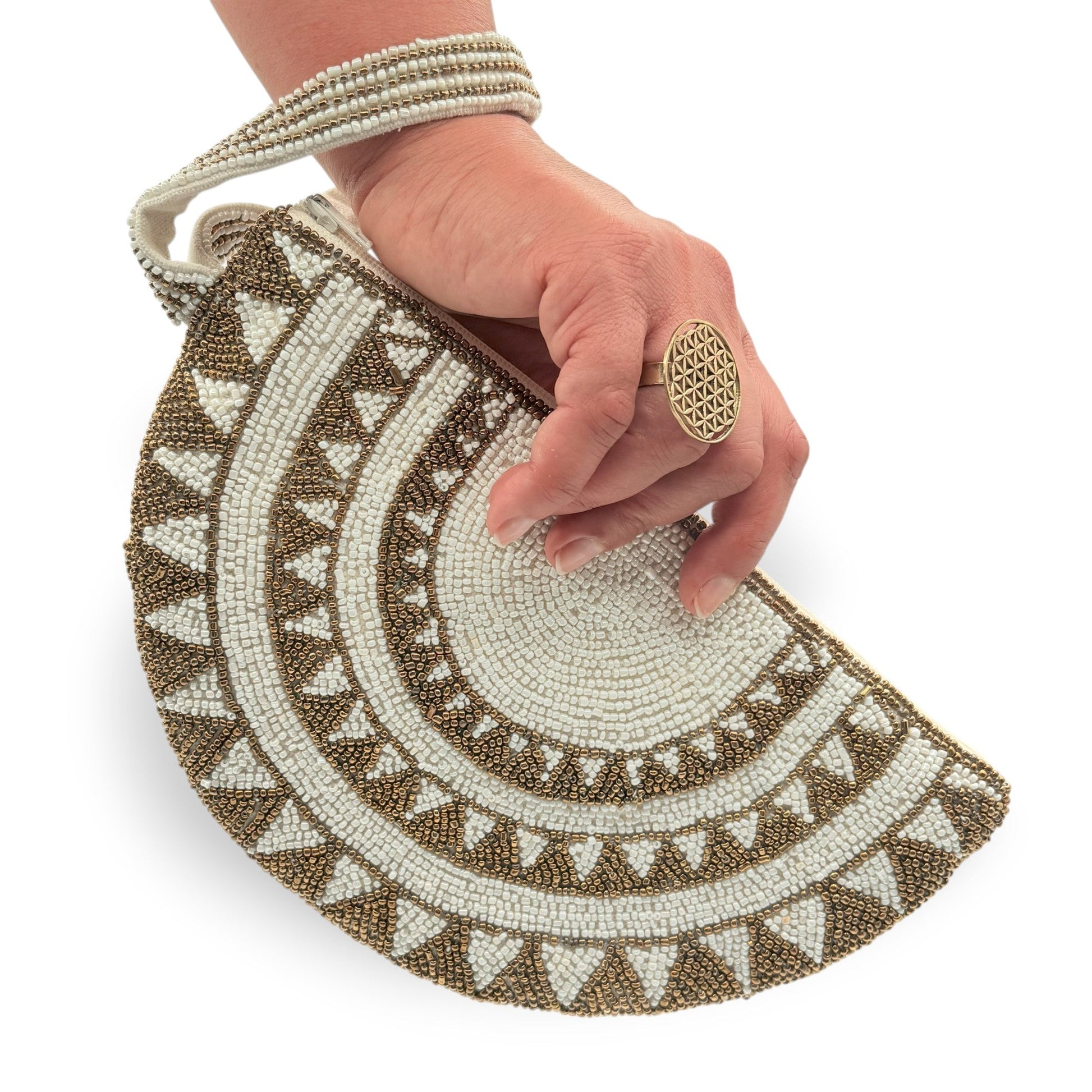 Fair Trade Half Moon Hand-beaded Wristlet - White & Gold, Women Artisans, Sustainable Fashion, Ethically Handmade