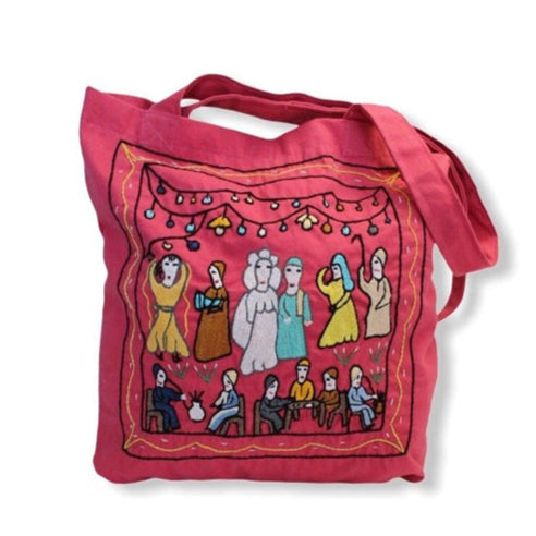 Hand Embroidered Canvas Tote Bag - Pink