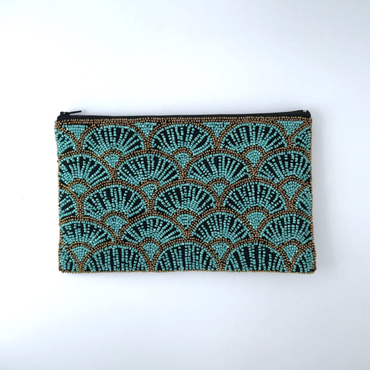Papyrus Hand-beaded Clutch - Turquoise & Antique Bronze