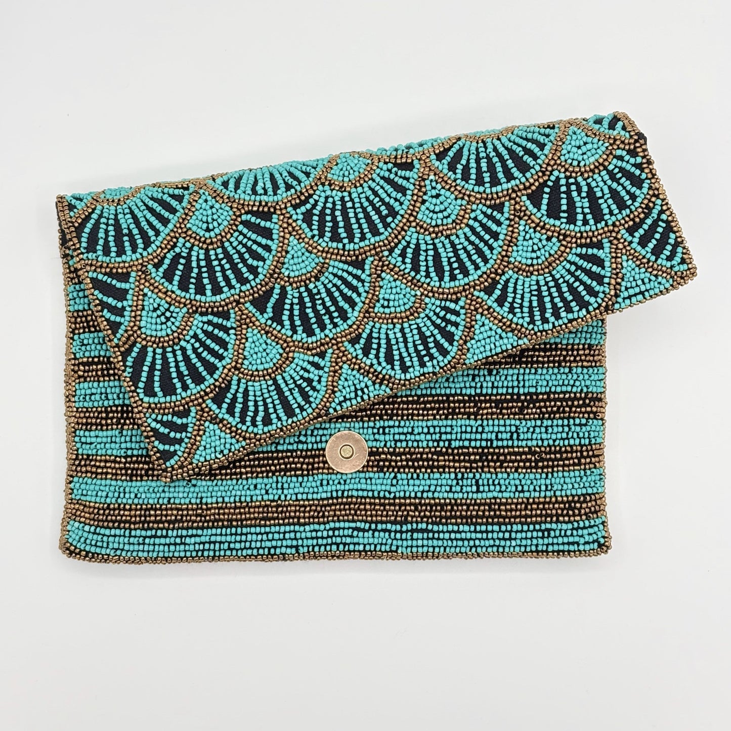 Papyrus Hand-beaded Flap Clutch with Gold Chain - Aqua Blue