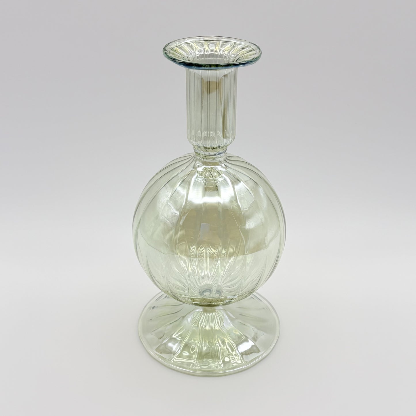 Hand-blown glass bud vase in iridescent green