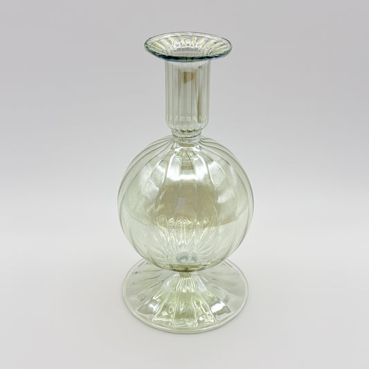 Hand-blown glass bud vase in iridescent green