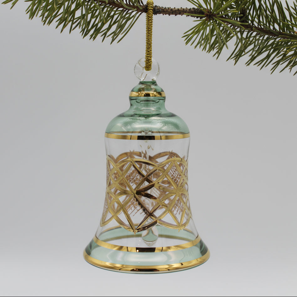 Fair Trade Handblown Glass Engraved Bell Ornament with Gold Details