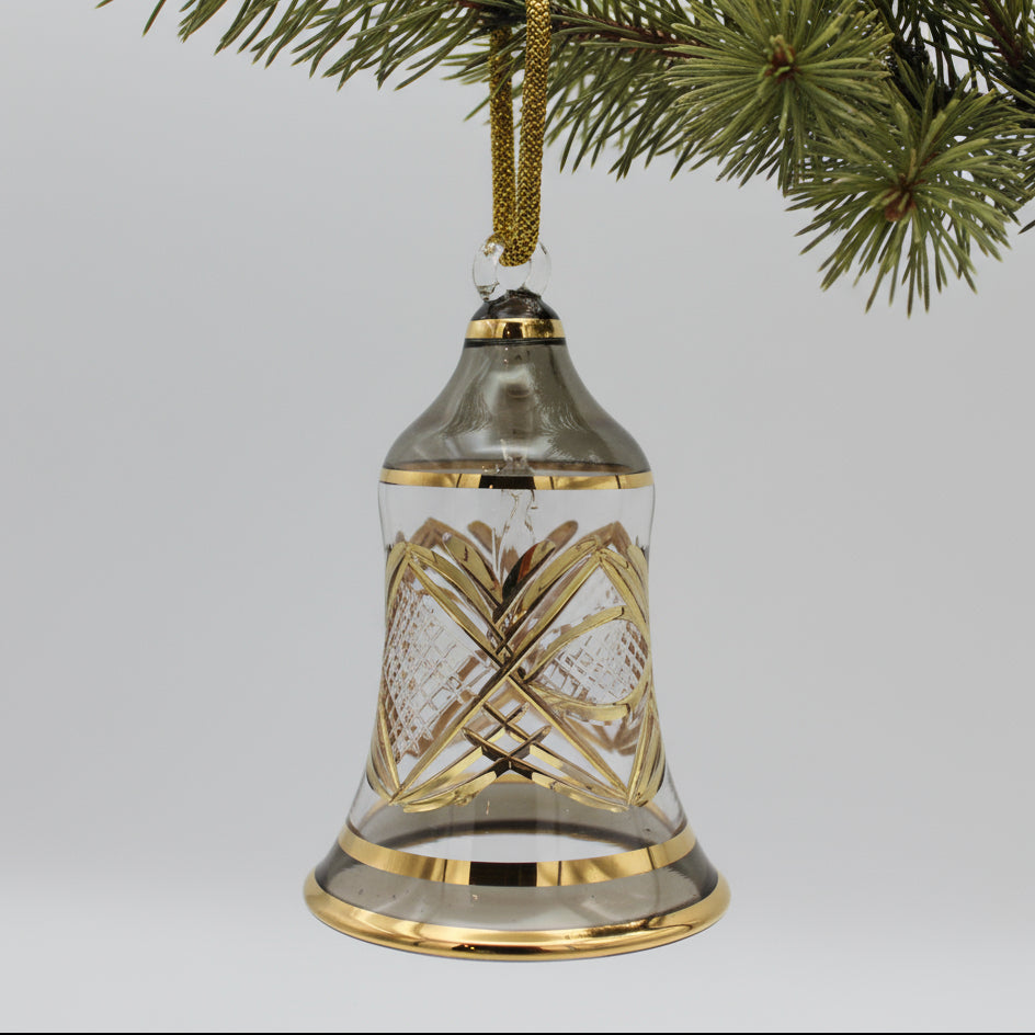 Fair Trade Handblown Glass Engraved Bell Ornament with Gold Details
