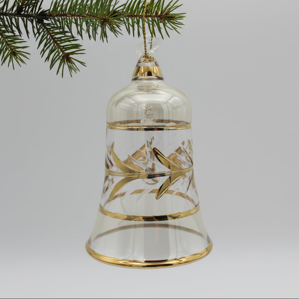 Fair Trade Handblown Glass Engraved Bell Ornament with Gold Details