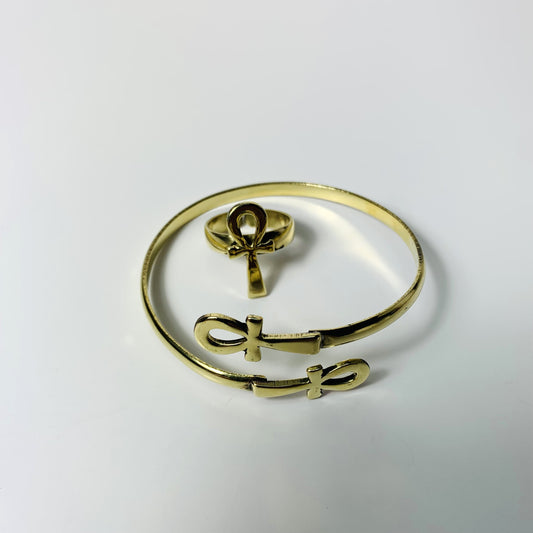 Handmade Brass Cuff & Ring Set - Ankh