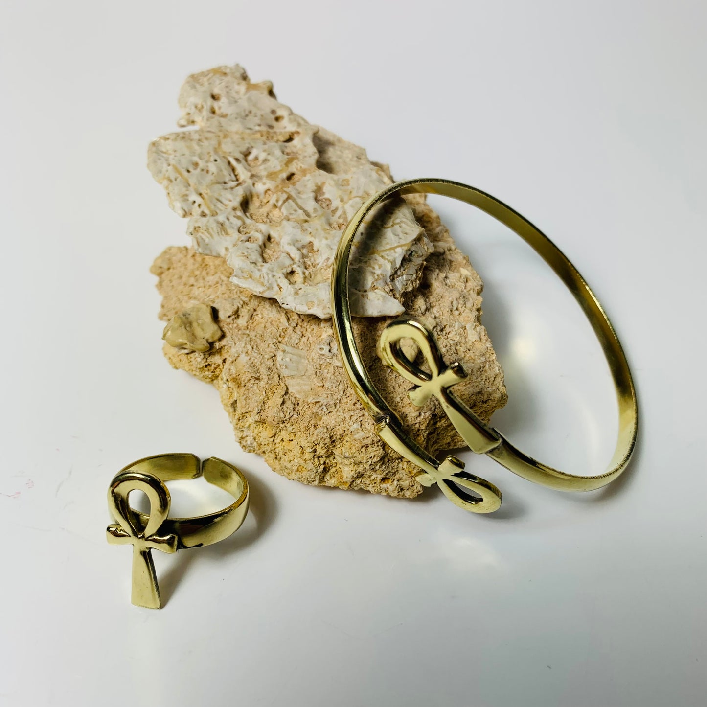 Handmade Brass Cuff & Ring Set - Ankh