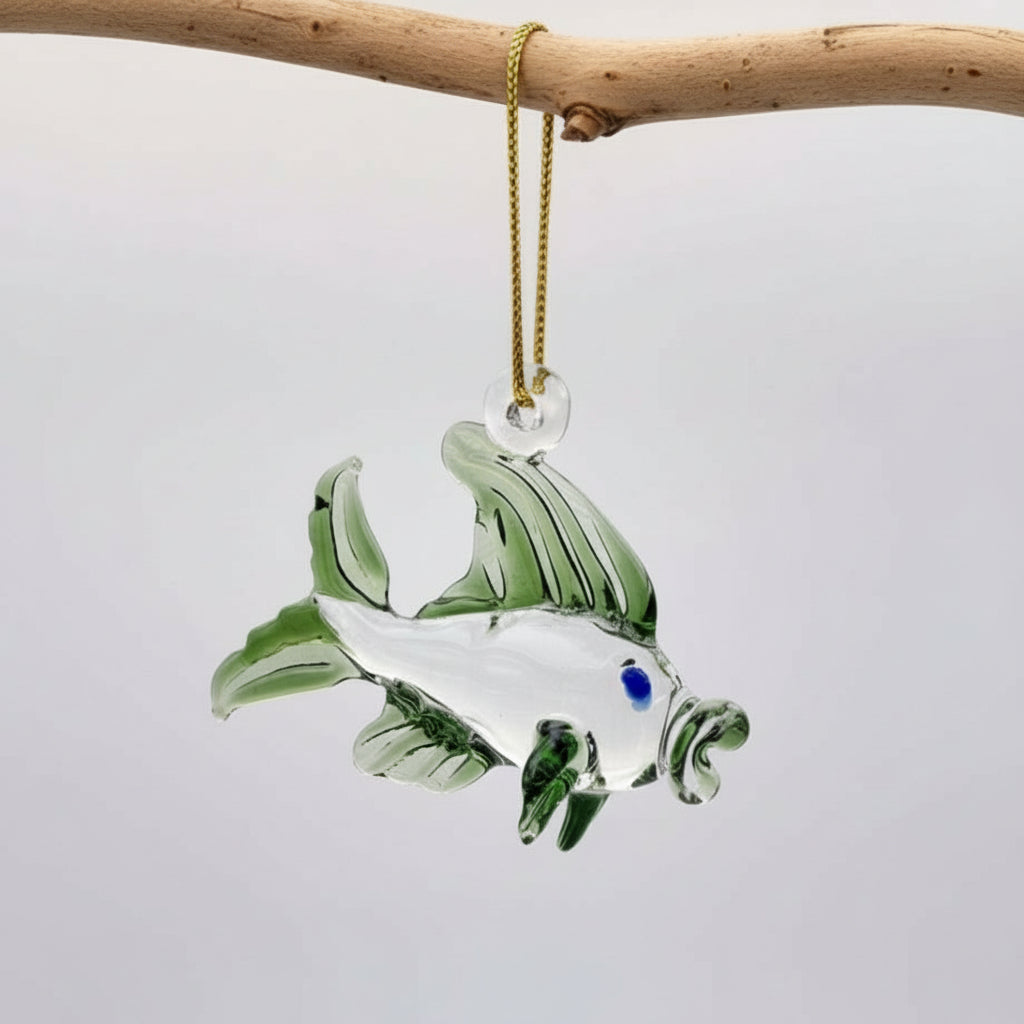 Handmade glass fish ornament, clear and green, fair trade