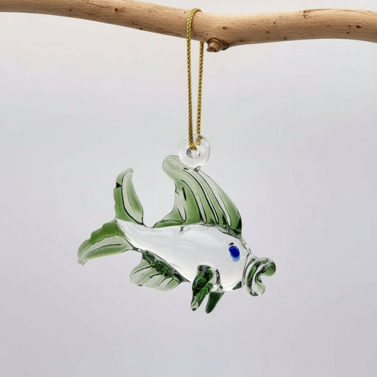 Handmade glass fish ornament, clear and green, fair trade