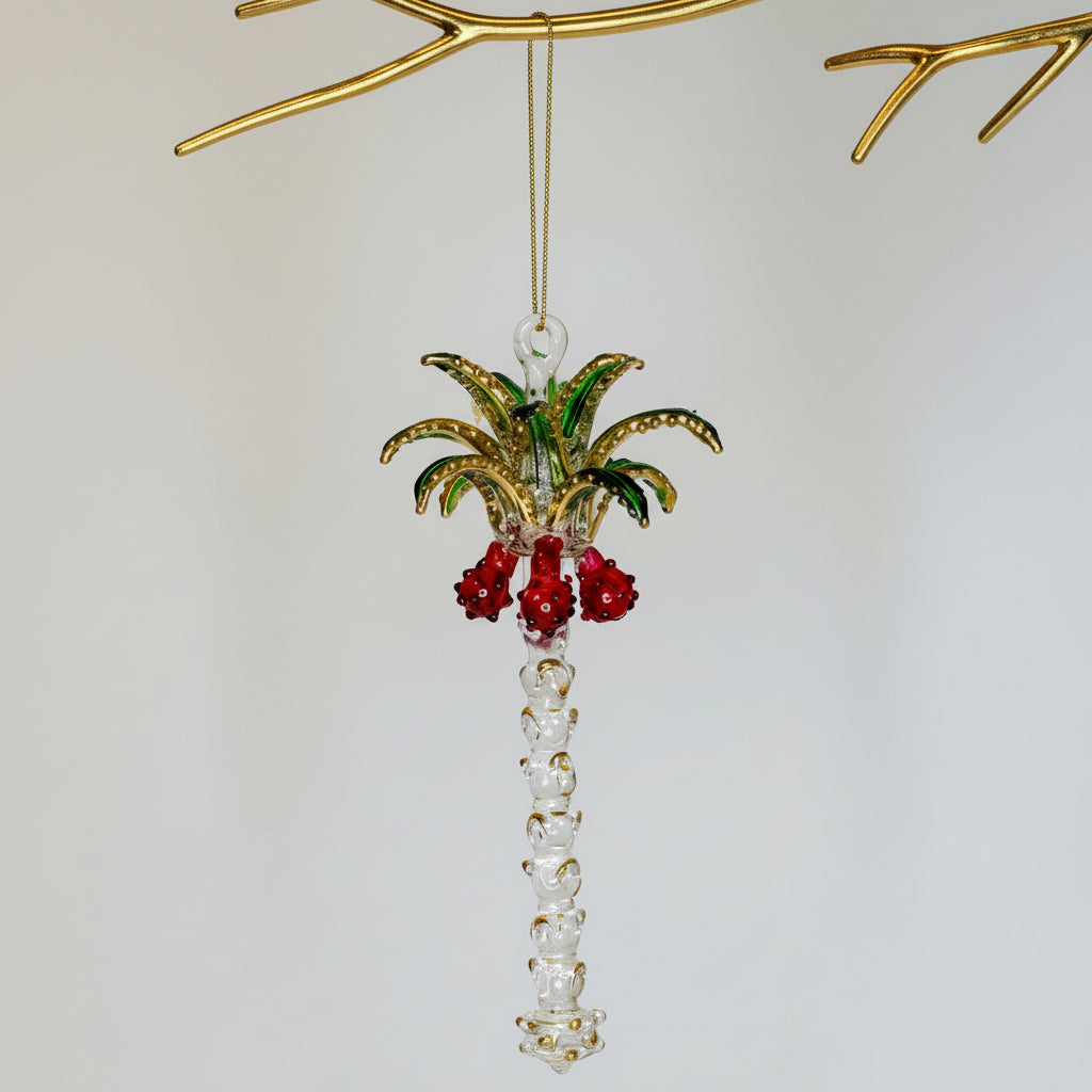 Fair Trade, Handcrafted Palm Tree Shaped Glass Ornament with Gold Detail