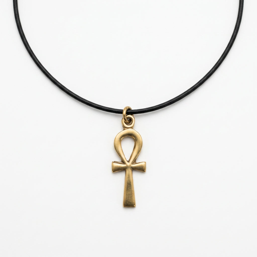 Handmade brass pendant featuring Egyptian Ankh symbol on black cord