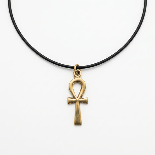 Handmade brass pendant featuring Egyptian Ankh symbol on black cord