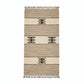 Handwoven wool runner rug with a rustic design, featuring horizontal stripes and geometric patterns in beige, brown, and black. Fair trade handmade