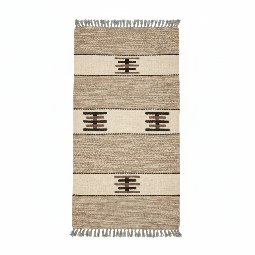 Handwoven wool runner rug with a rustic design, featuring horizontal stripes and geometric patterns in beige, brown, and black. Fair trade handmade