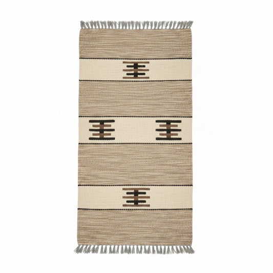 Handwoven wool runner rug with a rustic design, featuring horizontal stripes and geometric patterns in beige, brown, and black. Fair trade handmade