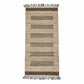 Rectangular handwoven runner rug with fringes. Natural tan base with horizontal stripes in dark brown and black. Fair trade handmade.